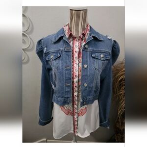 Five by Five Distressed Puff Shouldered Cropped Denim Jacket